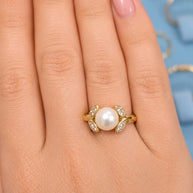 14K Gold Freshwater Pearl & CZ Leaf Ring