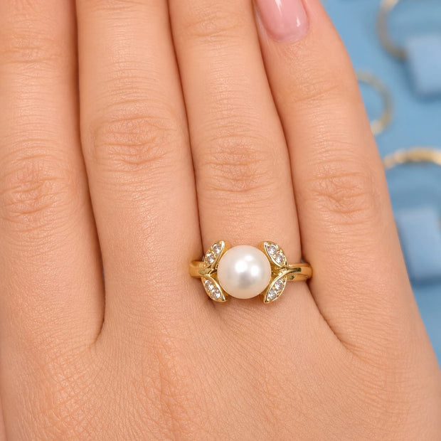 14K Gold Freshwater Pearl & CZ Leaf Ring