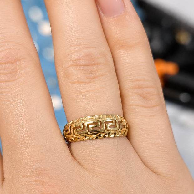 14K Gold Greek Key Diamond-Cut Band Ring
