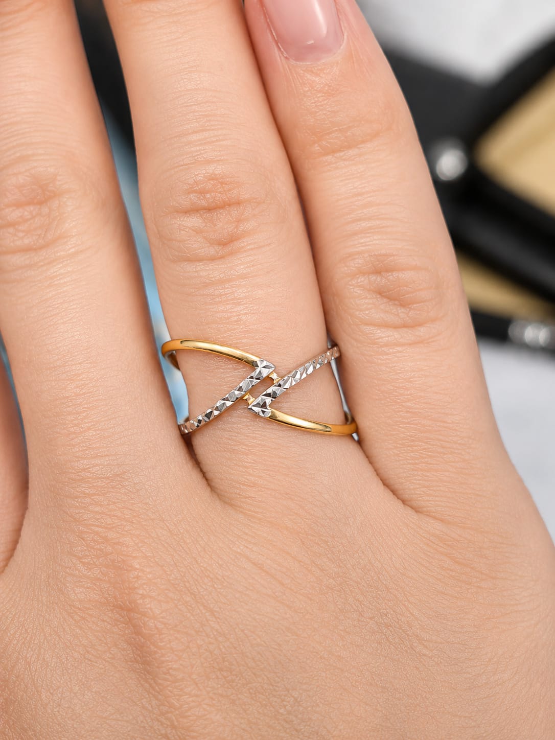 14K Two-Tone Gold X Crossover Diamond-Cut Ring