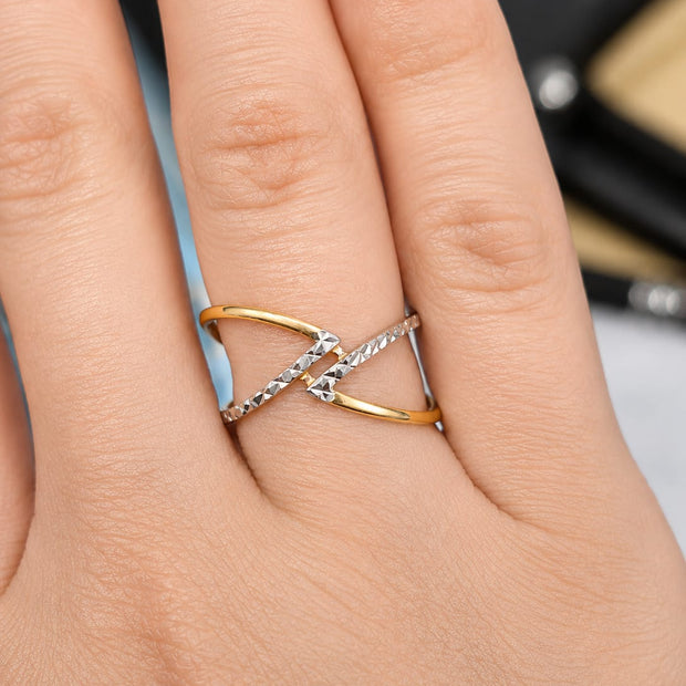 14K Two-Tone Gold X Crossover Diamond-Cut Ring