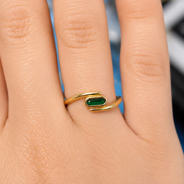 14K Gold Green Malachite Oval Bypass Ring