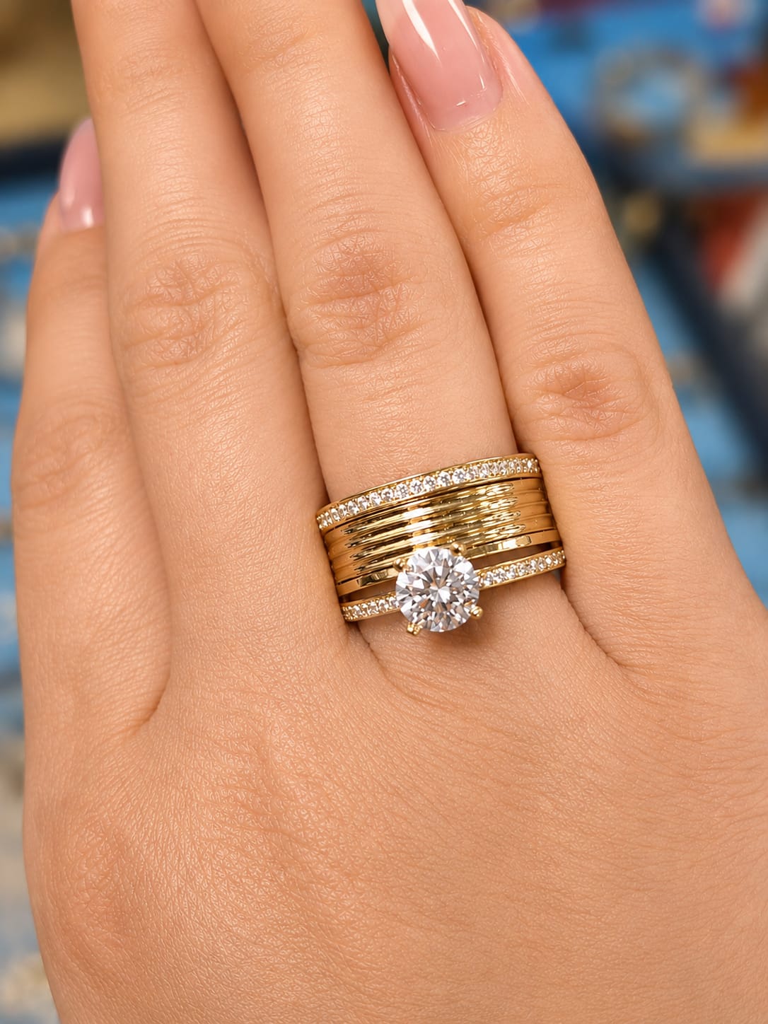14K Gold Wide Ribbed Band & CZ Solitaire Bridal Ring Set
