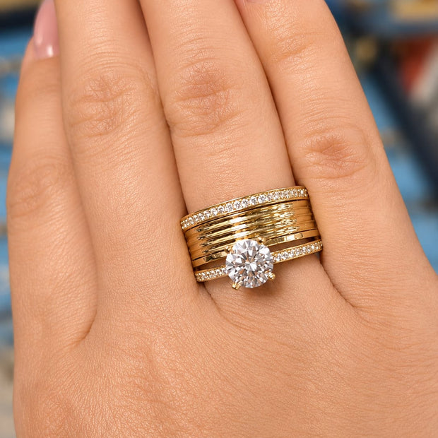 14K Gold Wide Ribbed Band & CZ Solitaire Bridal Ring Set