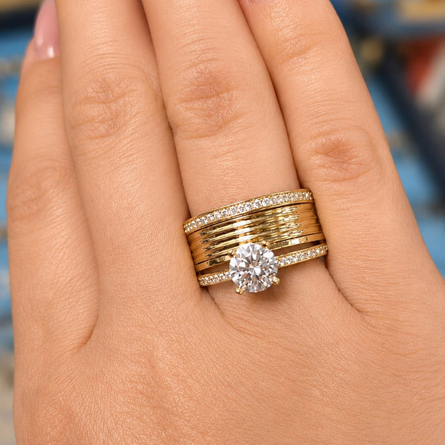 14K Gold Wide Ribbed Band & CZ Solitaire Bridal Ring Set