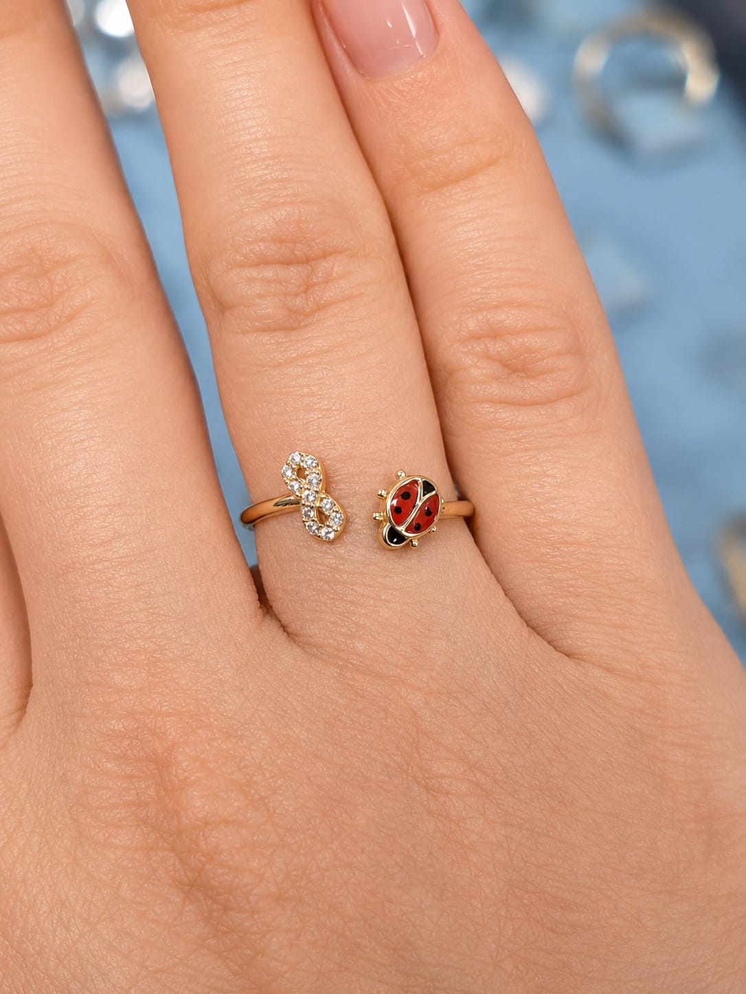 14K Gold Ladybug & Infinity CZ Open Adjustable Ring