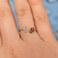 14K Gold Ladybug & Infinity CZ Open Adjustable Ring
