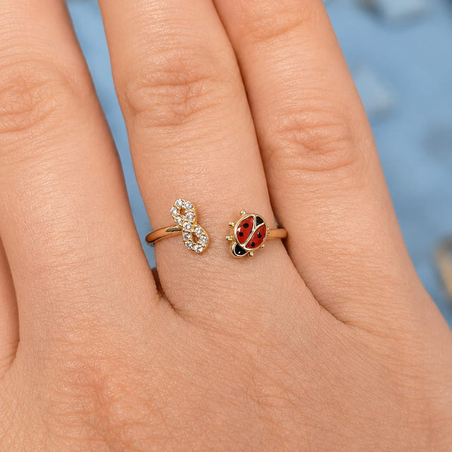 14K Gold Ladybug & Infinity CZ Open Adjustable Ring