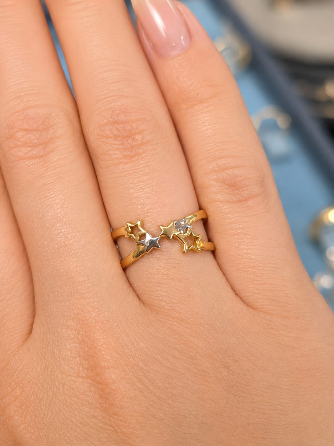 14K Two-Tone Gold Star Constellation CZ Double Band Ring