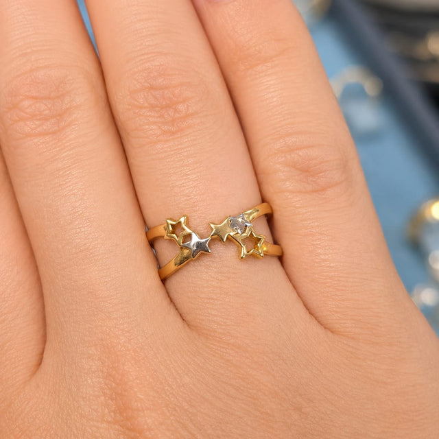 14K Two-Tone Gold Star Constellation CZ Double Band Ring