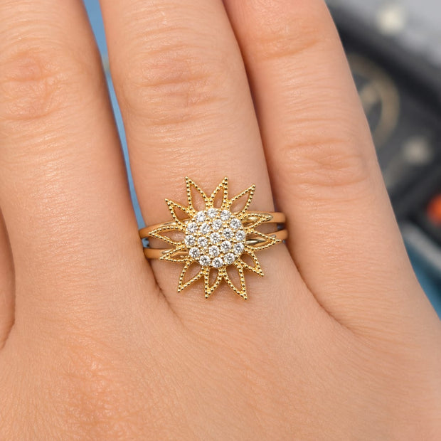14K Gold Sun Flower CZ Pavé Statement Ring