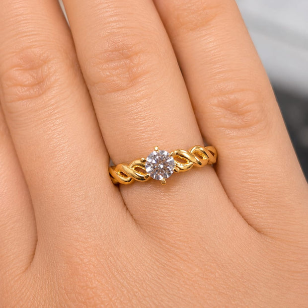 14K Gold CZ Solitaire Ring with Braided Band