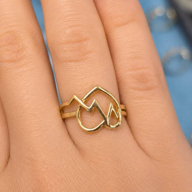 14K Gold Mountain & Heart Open Double Band Ring