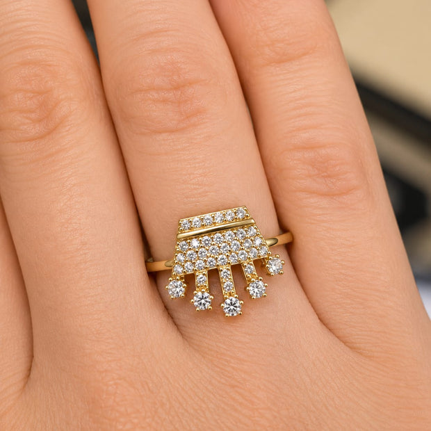 14K Gold CZ Pavé Rectangle & Dangling Drops Ring