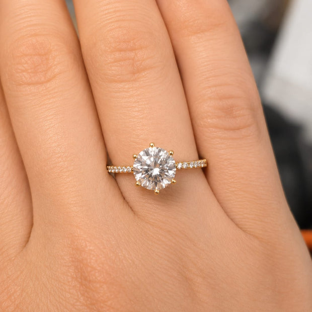 14K Gold Large CZ Solitaire Ring with Crown Setting & Pavé Band