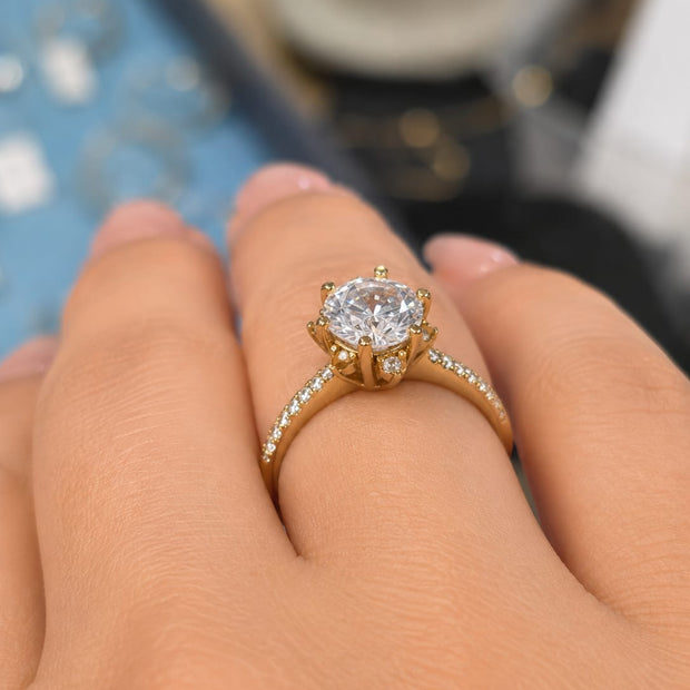 14K Gold Large CZ Solitaire Ring with Crown Setting & Pavé Band