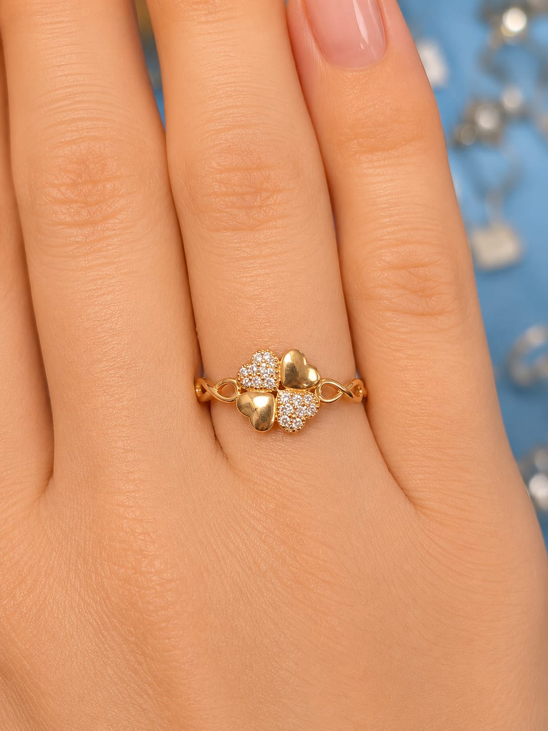 14K Yellow Gold Cubic Zirconia Four Heart Clover Ring