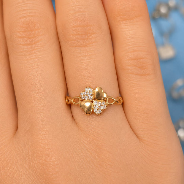 14K Yellow Gold Cubic Zirconia Four Heart Clover Ring