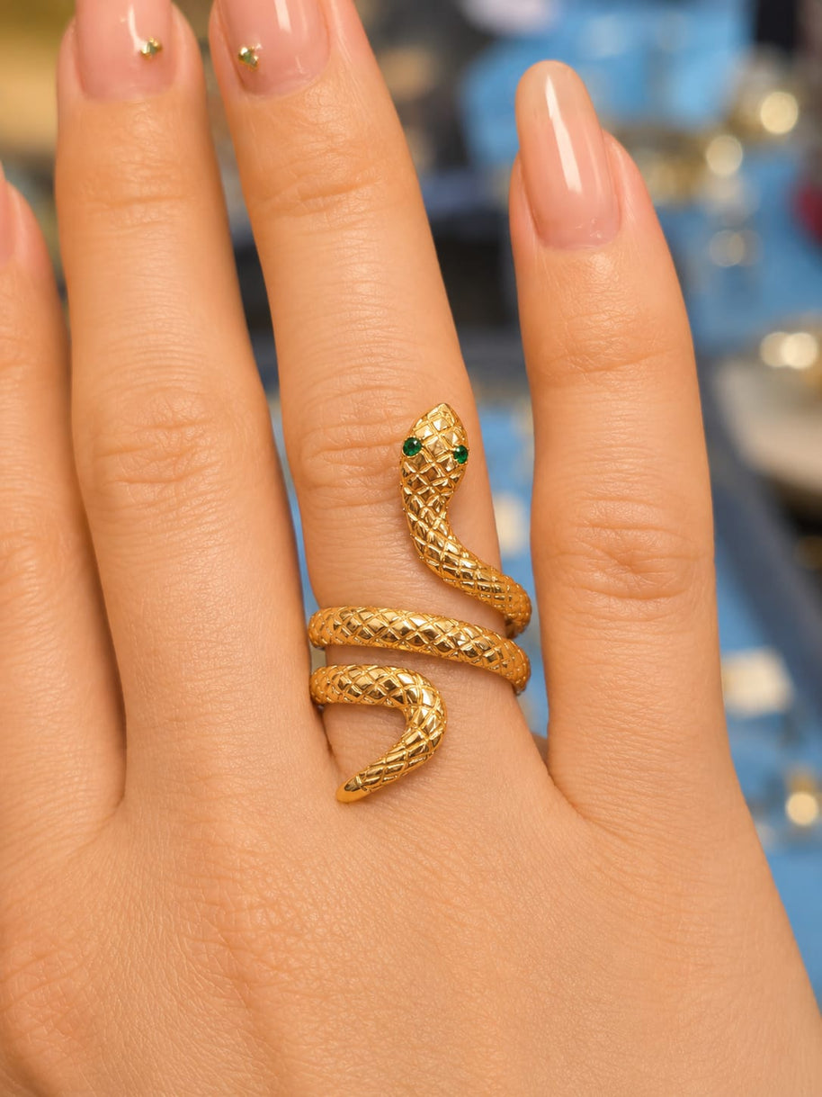 14K Yellow Gold Coiled Serpent Ring with Green Cubic Zirconia Eyes