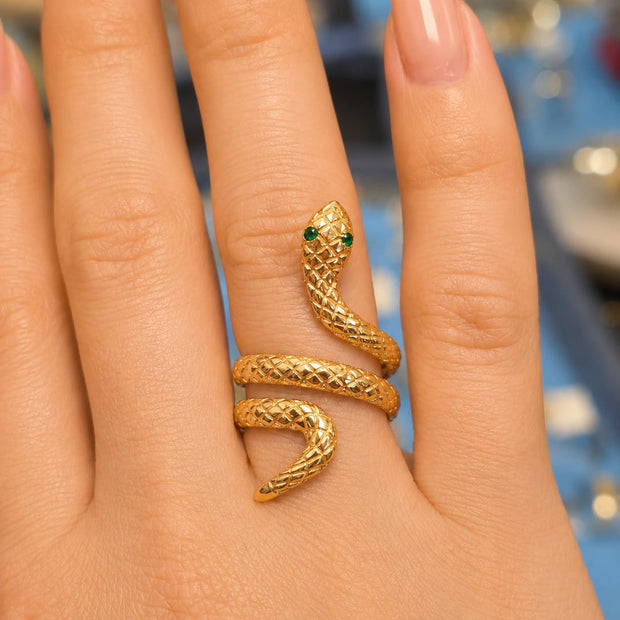 14K Yellow Gold Coiled Serpent Ring with Green Cubic Zirconia Eyes