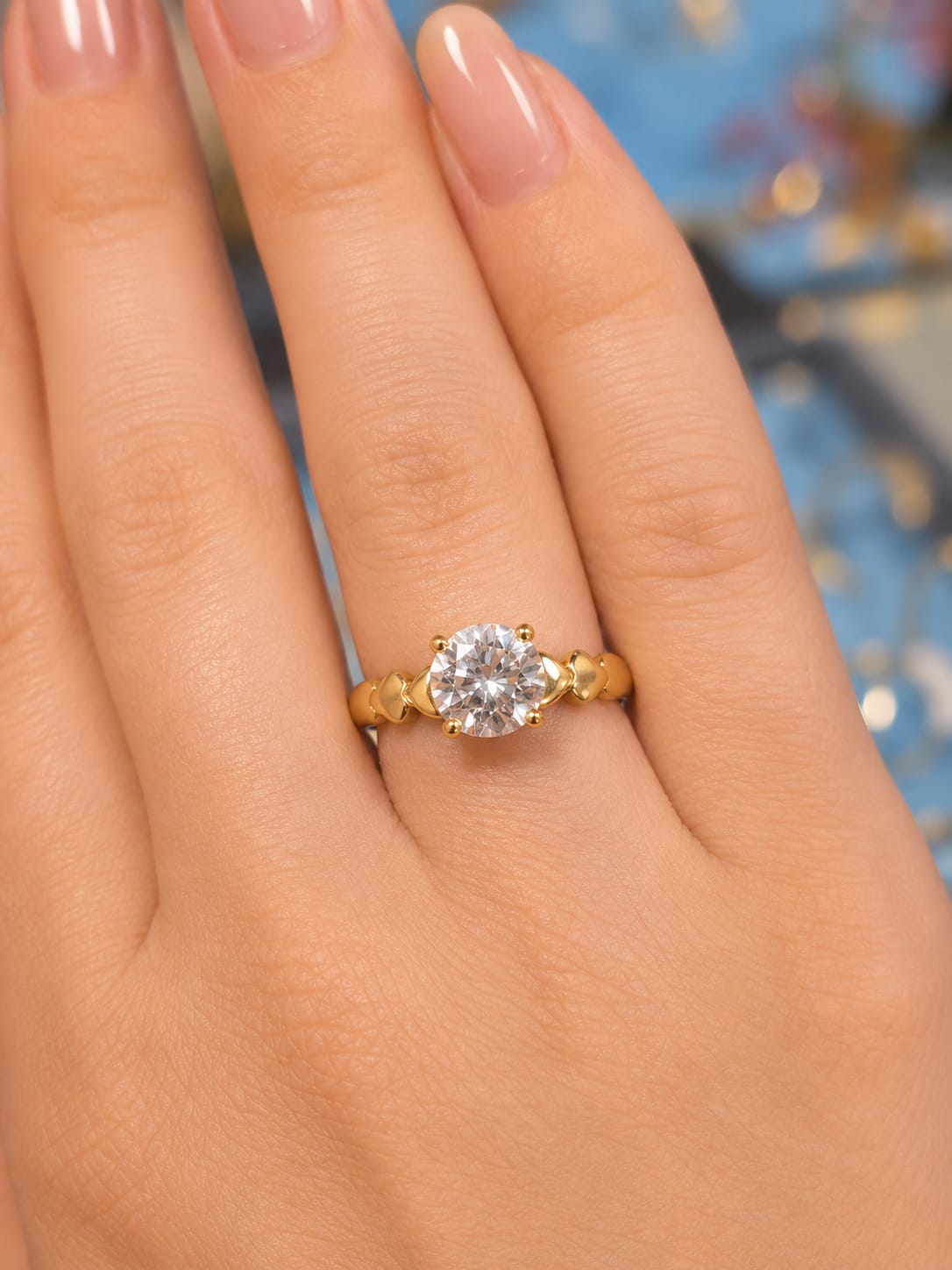 14K Yellow Gold Cubic Zirconia Heart Detail Solitaire Ring