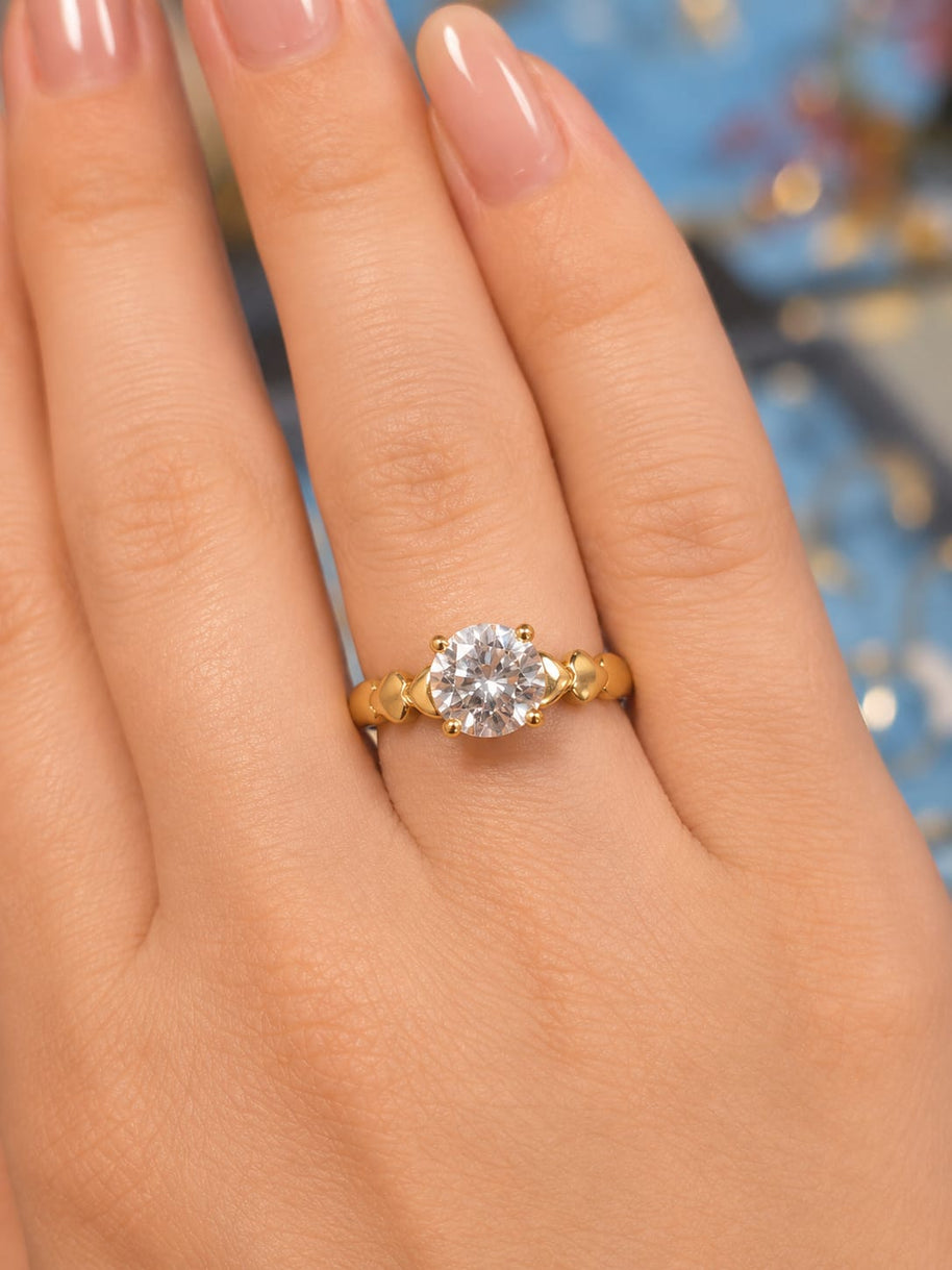 14K Yellow Gold Cubic Zirconia Heart Detail Solitaire Ring