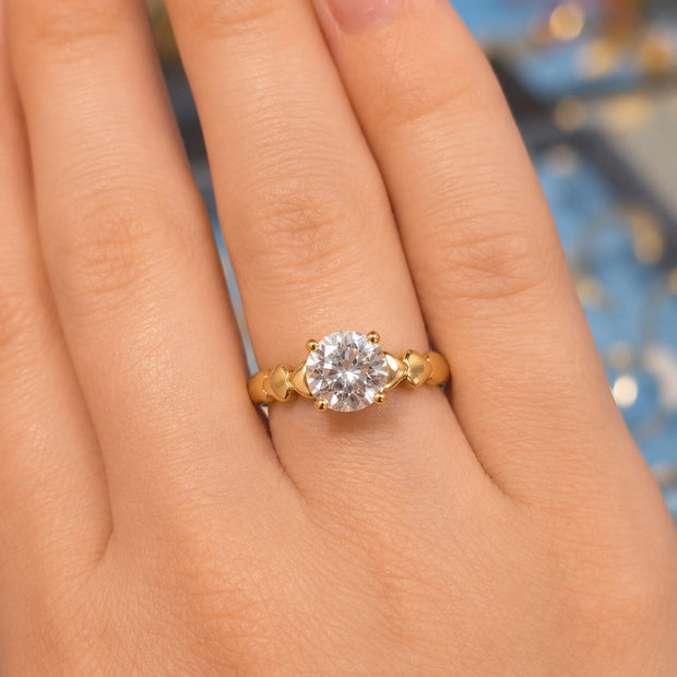 14K Yellow Gold Cubic Zirconia Heart Detail Solitaire Ring