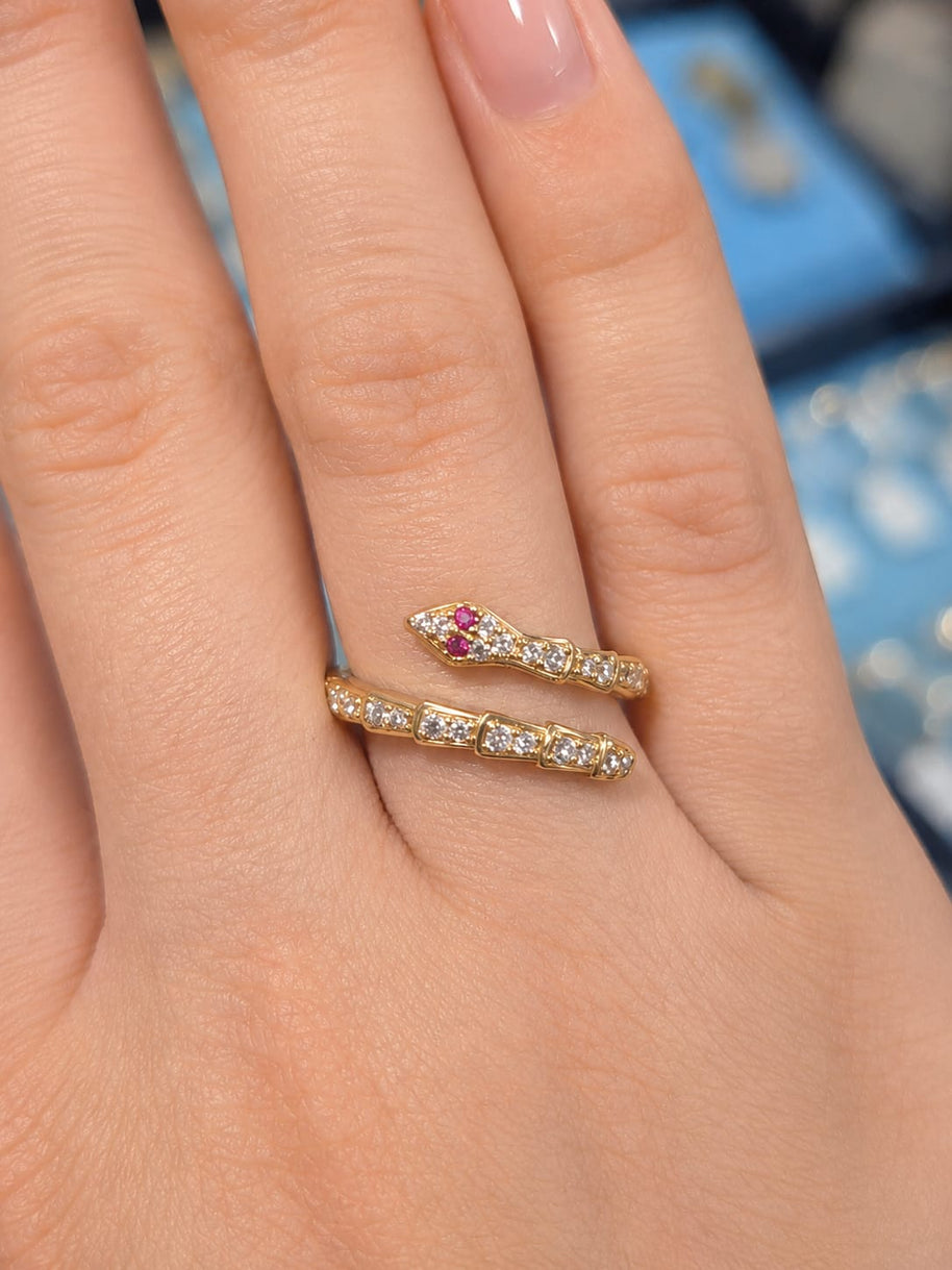14K Yellow Gold CZ Serpent Wrap Ring with Ruby Eyes