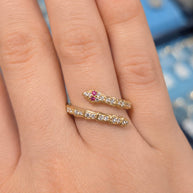14K Yellow Gold CZ Serpent Wrap Ring with Ruby Eyes