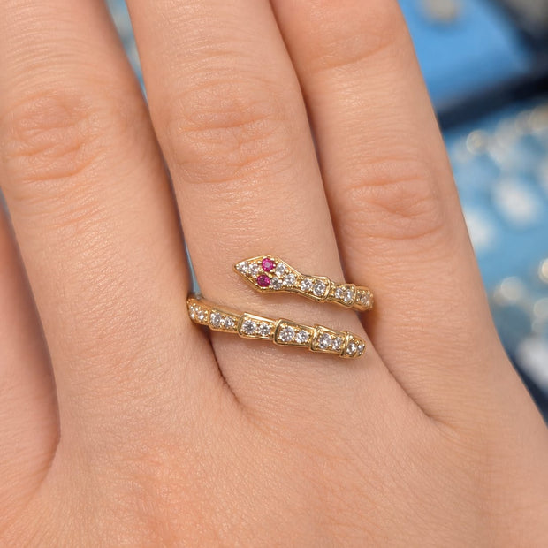 14K Yellow Gold CZ Serpent Wrap Ring with Ruby Eyes