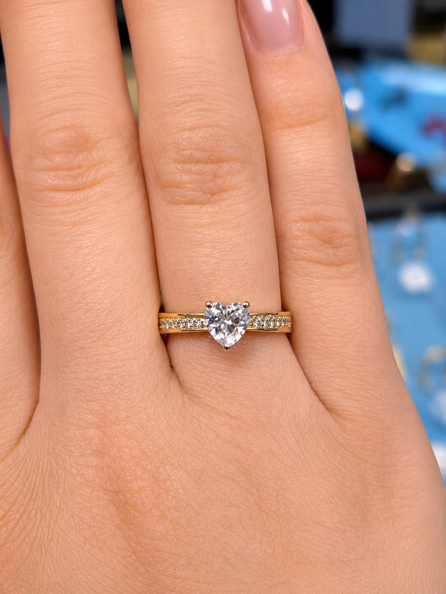 14K Yellow Gold Heart CZ Solitaire Ring with Pavé Band