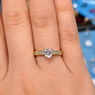 14K Yellow Gold Heart CZ Solitaire Ring with Pavé Band