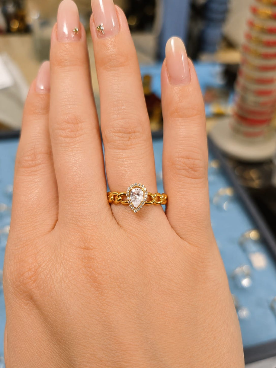 14K Yellow Gold Pear CZ Halo Ring with Curb Chain Band