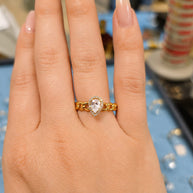 14K Yellow Gold Pear CZ Halo Ring with Curb Chain Band