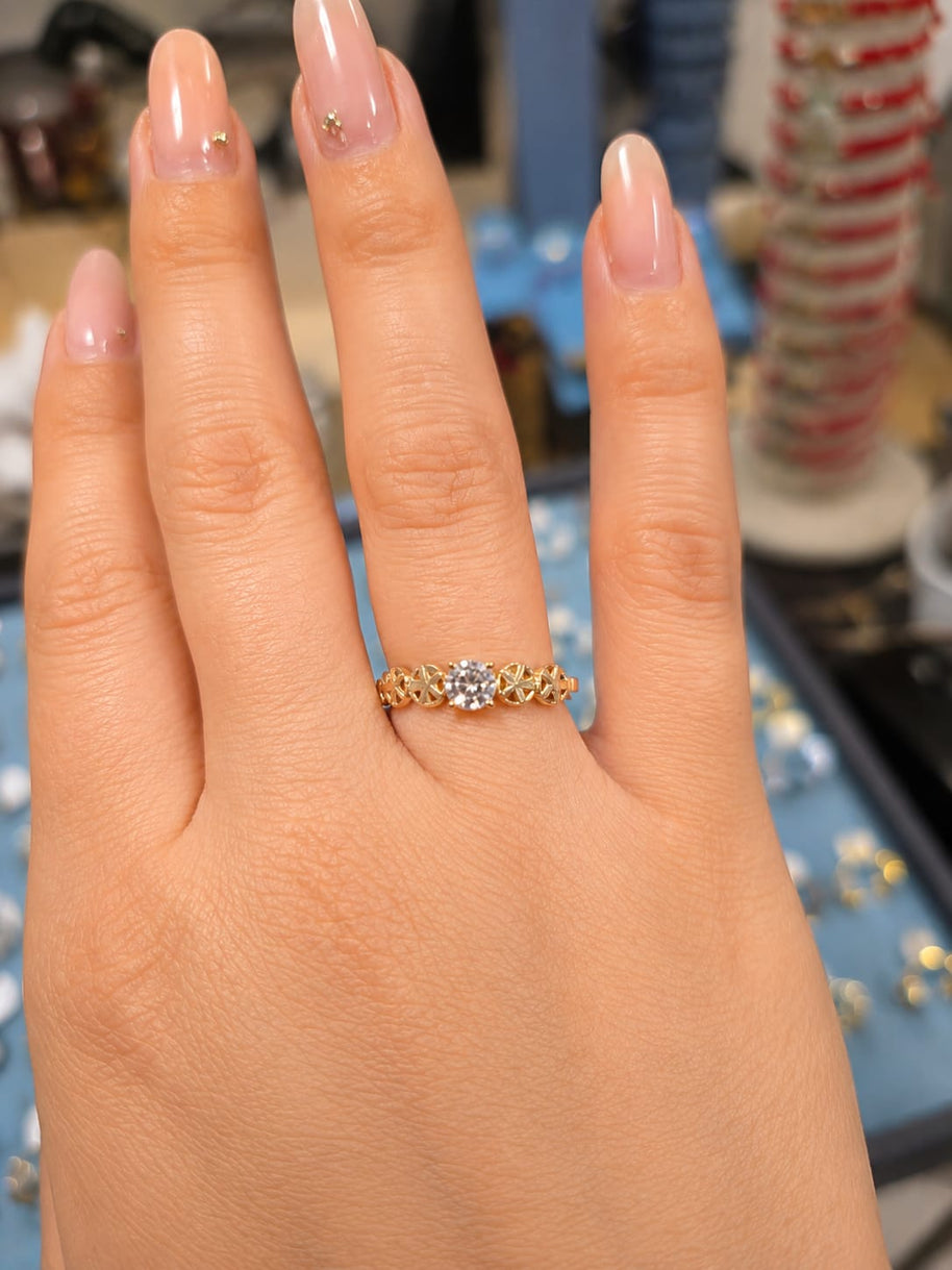 14K Yellow Gold Round CZ Solitaire Ring with Filigree X-Link Band