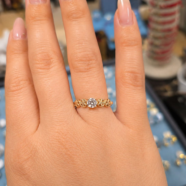 14K Yellow Gold Round CZ Solitaire Ring with Filigree X-Link Band