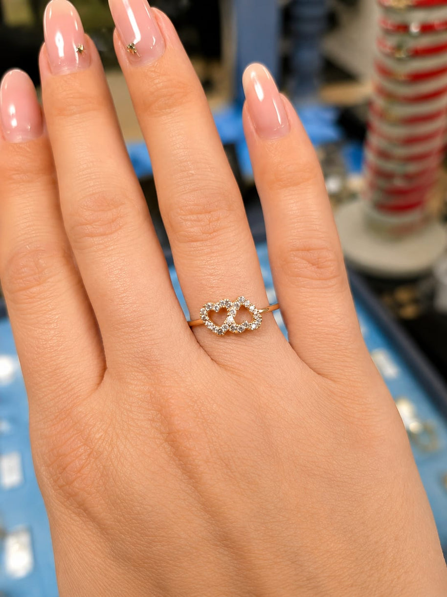 14K Yellow Gold Double Open Heart CZ Ring