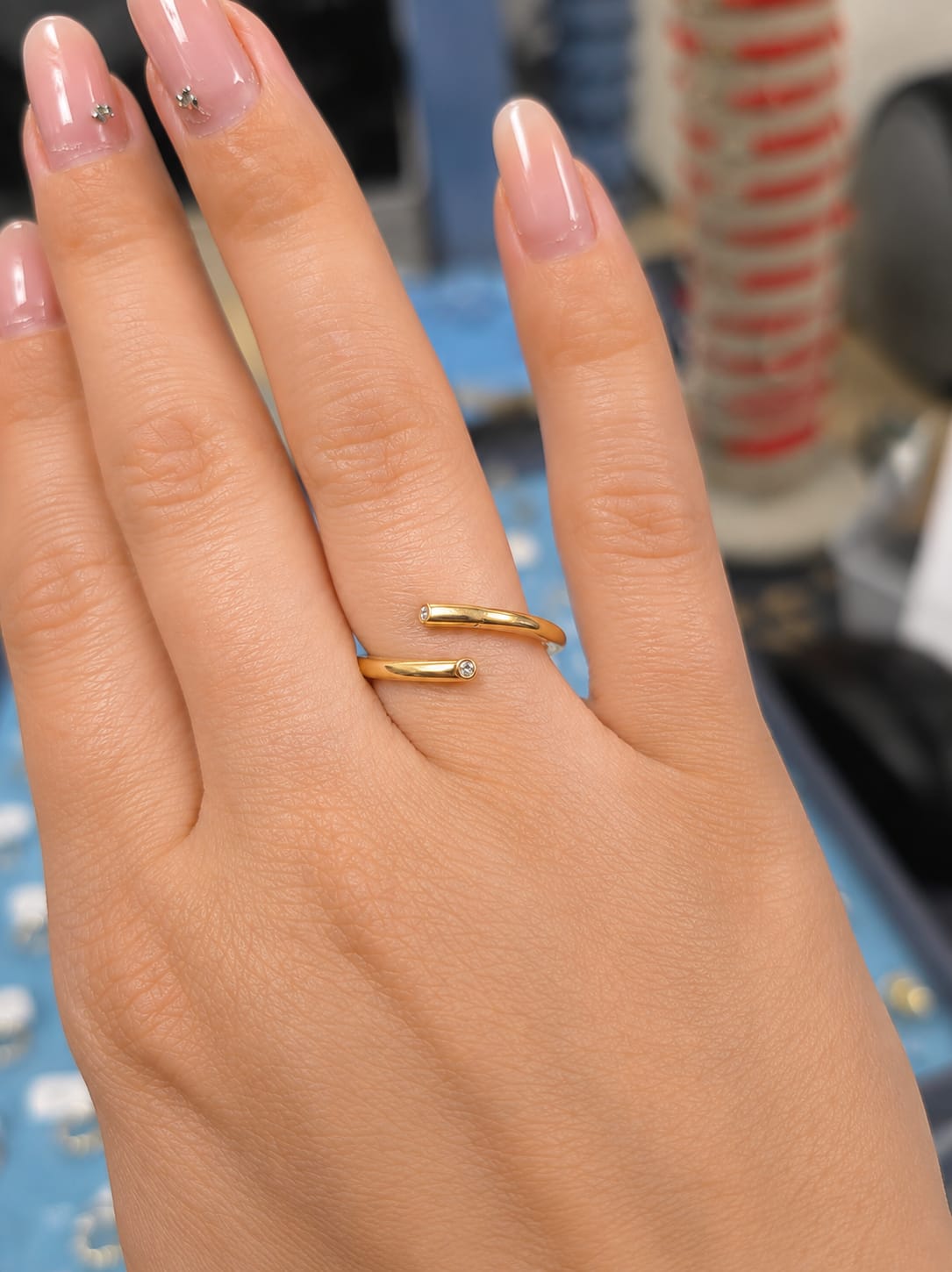 14K Yellow Gold Bypass Wrap Ring with Bezel-Set CZ Tips