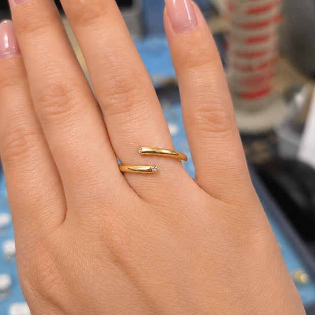 14K Yellow Gold Bypass Wrap Ring with Bezel-Set CZ Tips