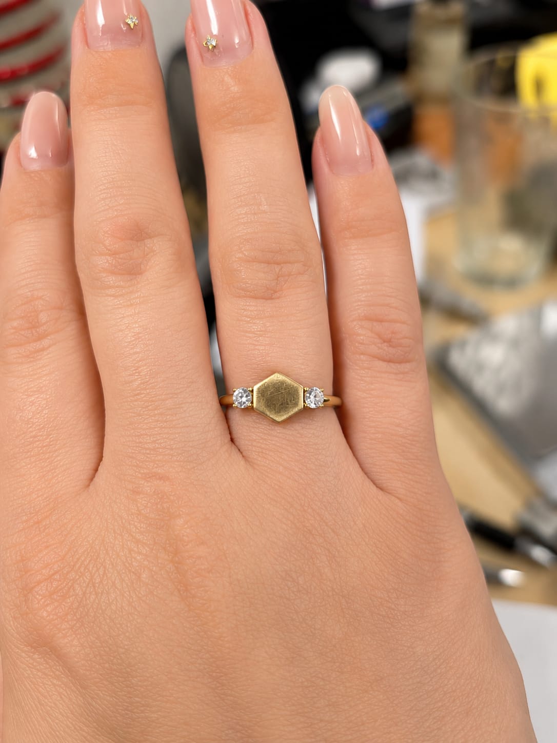 14K Yellow Gold Hexagon Signet Ring with CZ Shoulders