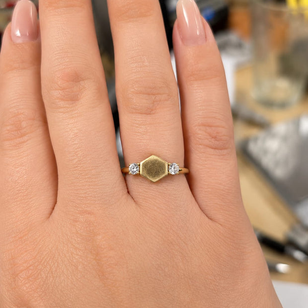 14K Yellow Gold Hexagon Signet Ring with CZ Shoulders