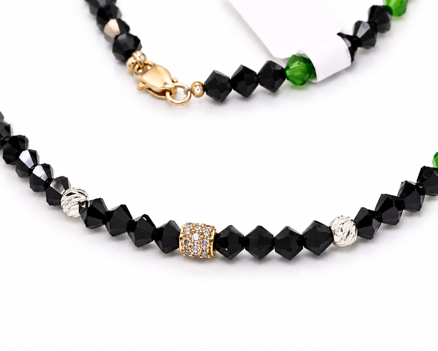 Black Crystal & Green Accent Beaded Necklace with 14K Gold CZ Pavé Barrel
