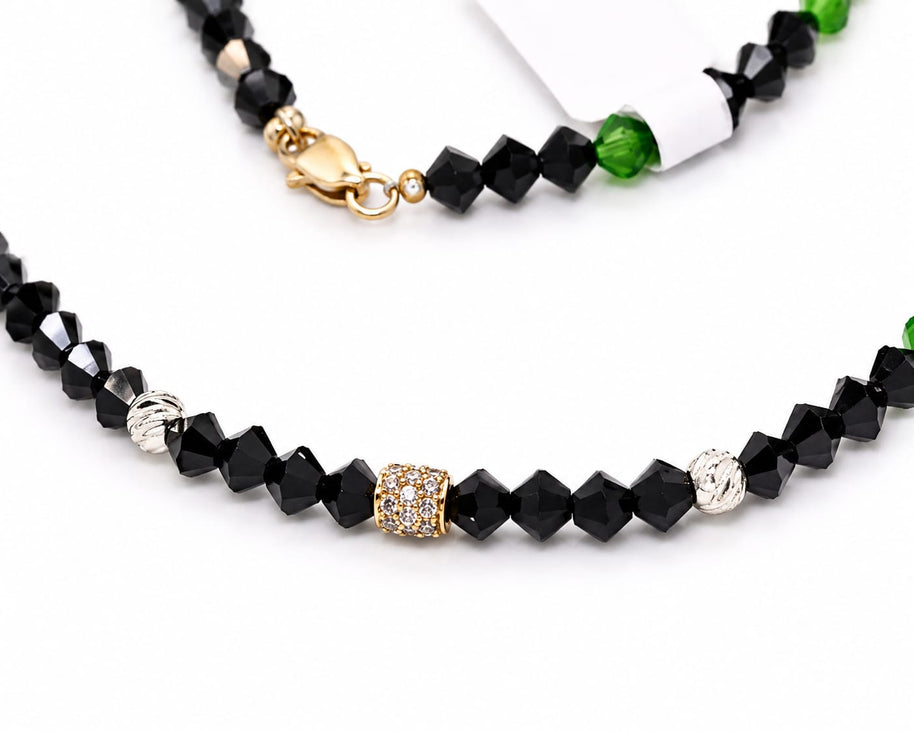 Black Crystal & Green Accent Beaded Necklace with 14K Gold CZ Pavé Barrel