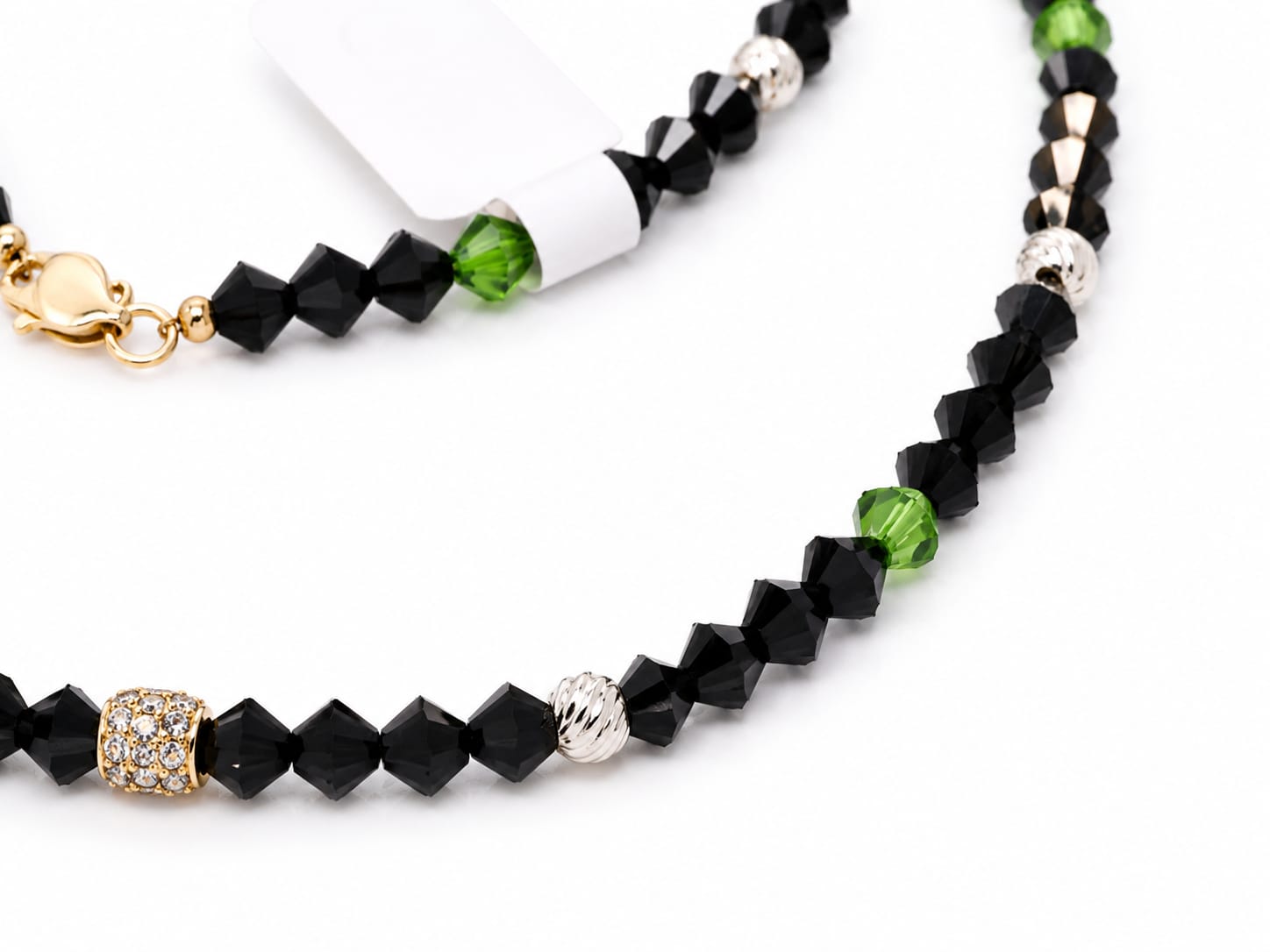 Black Crystal & Green Accent Beaded Necklace with 14K Gold CZ Pavé Barrel