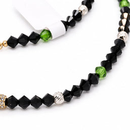 Black Crystal & Green Accent Beaded Necklace with 14K Gold CZ Pavé Barrel