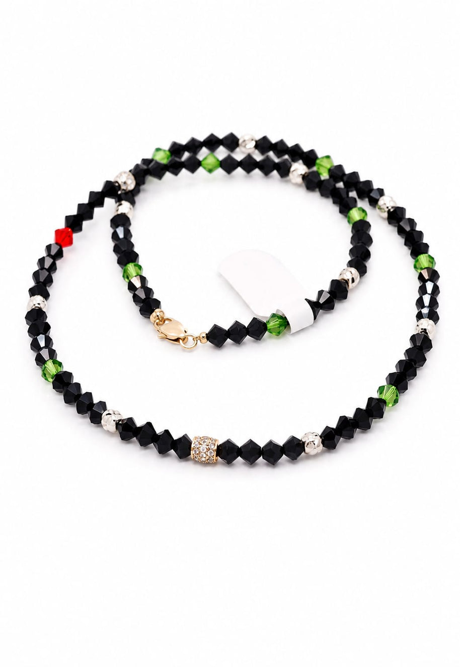 Black Crystal & Green Accent Beaded Necklace with 14K Gold CZ Pavé Barrel