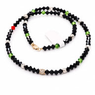 Black Crystal & Green Accent Beaded Necklace with 14K Gold CZ Pavé Barrel