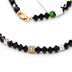 Black Crystal & Green Accent Beaded Necklace with 14K Gold CZ Pavé Barrel