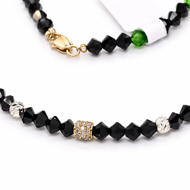 Black Crystal & Green Accent Beaded Necklace with 14K Gold CZ Pavé Barrel