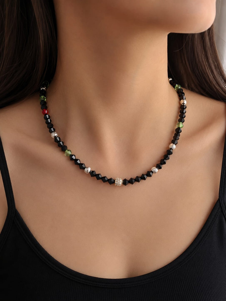Black Crystal & Green Accent Beaded Necklace with 14K Gold CZ Pavé Barrel